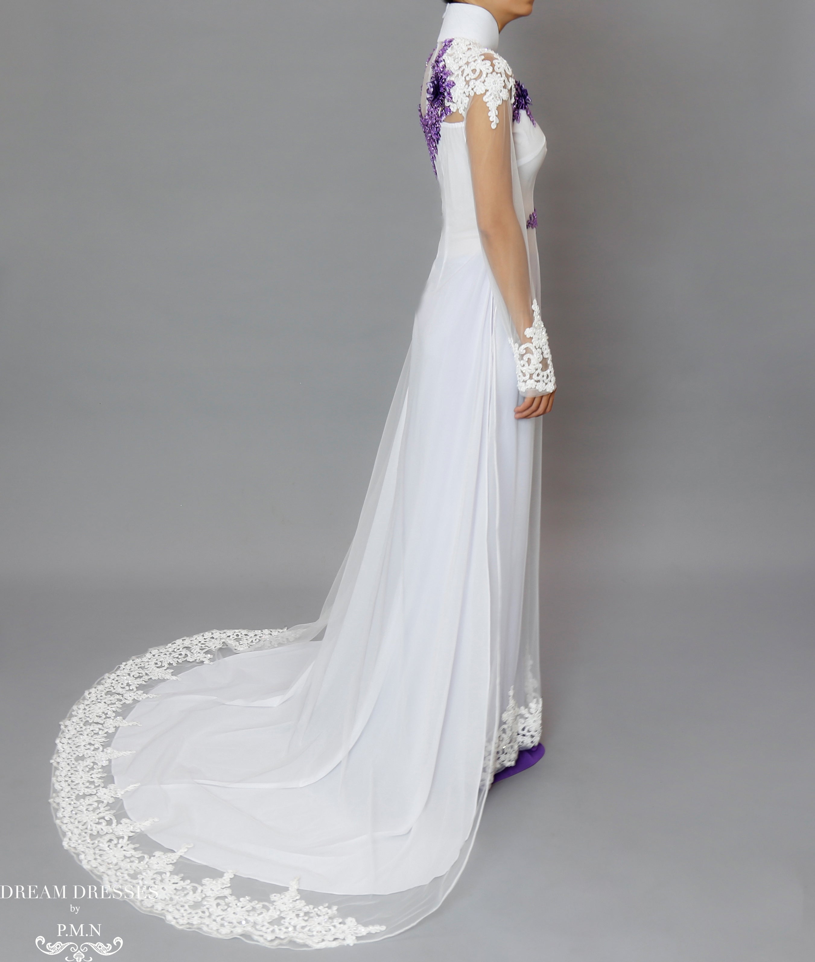 purple and white wedding dress